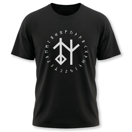 Black Norse bind rune graphic tee featuring Elder Futhark runes on a black t-shirt.