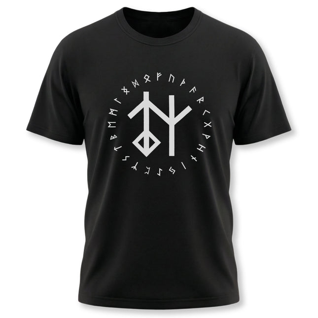 Black Norse bind rune graphic tee featuring Elder Futhark runes on a black t-shirt.