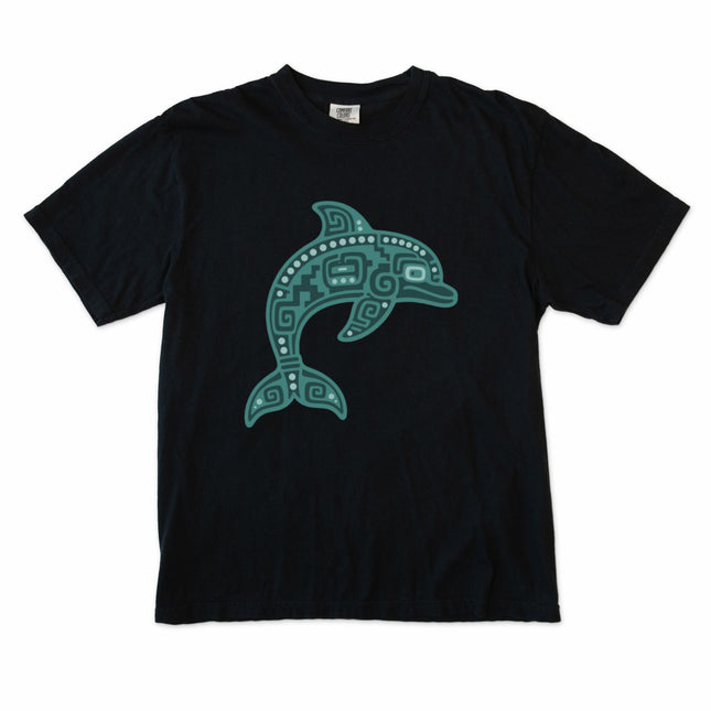 Mayan dolphin graphic tee featuring turquoise mesoamerican inspired art.