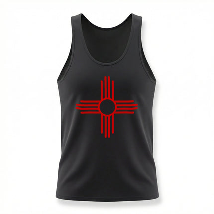 Black tank top featuring the red Zia Sun Symbol, a Southwestern Native American graphic design.