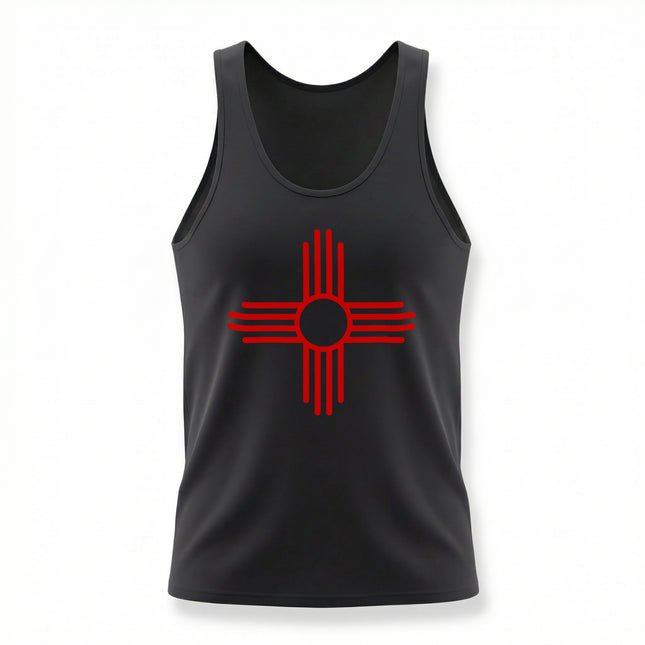 Black tank top featuring the red Zia Sun Symbol, a Southwestern Native American graphic design.