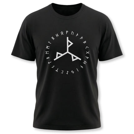Black t-shirt featuring a bind rune surrounded by Elder Futhark runes.