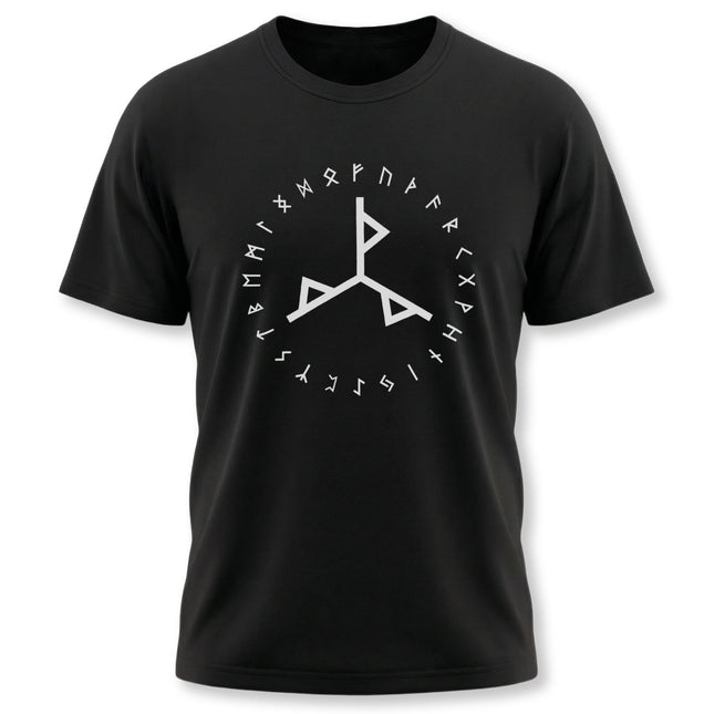 Black t-shirt featuring a bind rune surrounded by Elder Futhark runes.