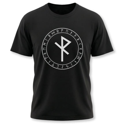 Algiz Rune protection graphic tee with Norse Elder Futhark runes.