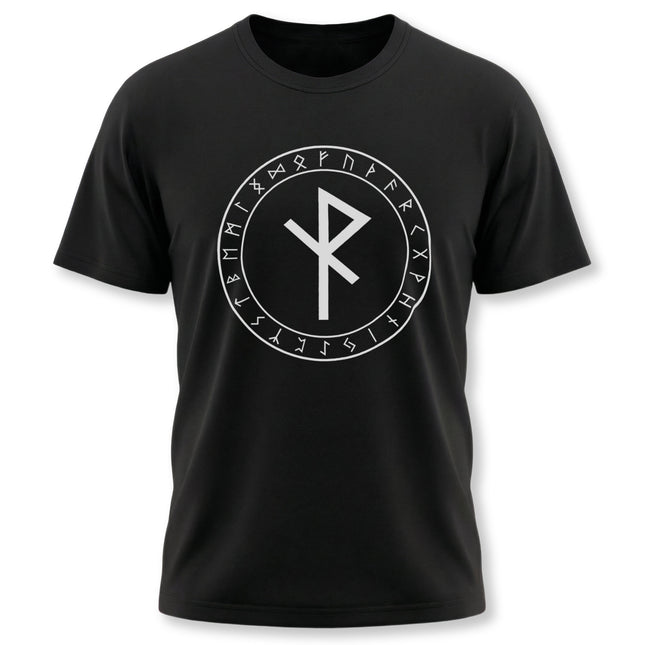 Algiz Rune protection graphic tee with Norse Elder Futhark runes.