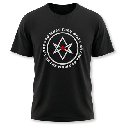 Thelema hexagram t-shirt with "Do What Thou Wilt" occult graphic design.
