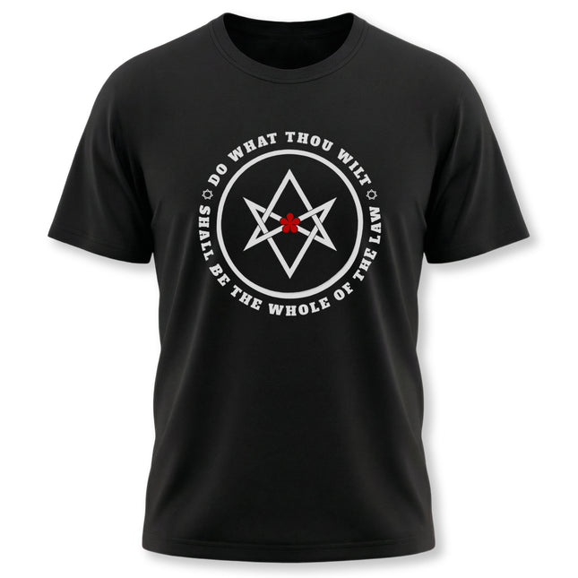 Thelema hexagram t-shirt with "Do What Thou Wilt" occult graphic design.