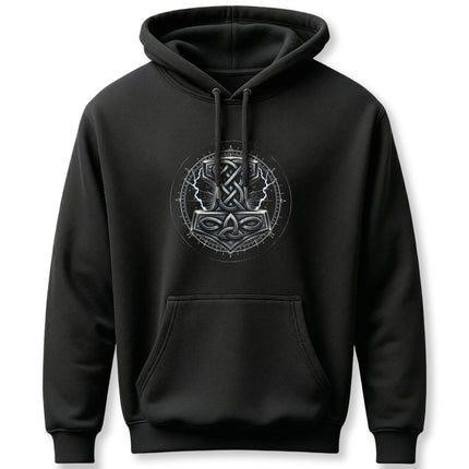Norse Mjolnir symbol graphic on black Viking hoodie.