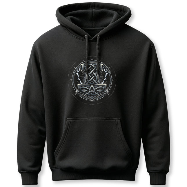 Norse Mjolnir symbol graphic on black Viking hoodie.
