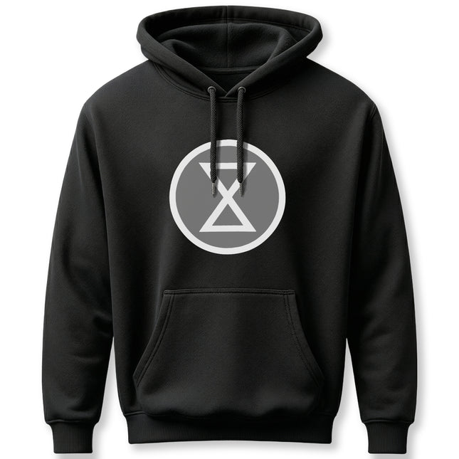 Black hoodie featuring the white Kapemni Lakota symbol, representing cosmic balance and spirituality.