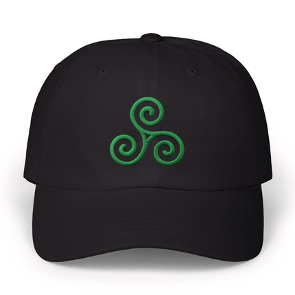 Green embroidered triskelion symbol on a black baseball cap.