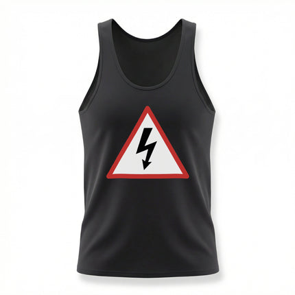 Black tank top featuring a red caution triangle and lightning bolt high voltage warning sign.