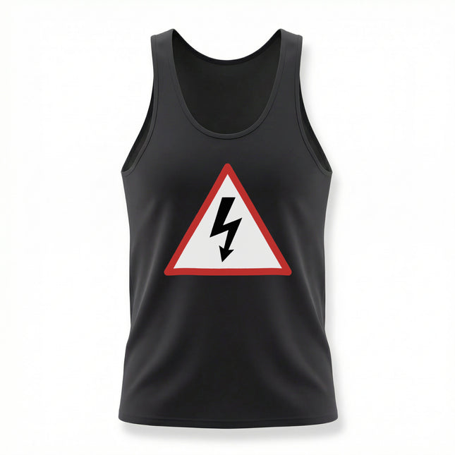 Black tank top featuring a red caution triangle and lightning bolt high voltage warning sign.