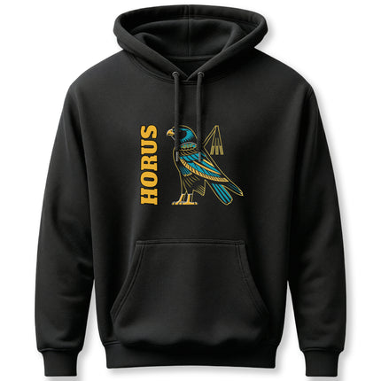 Black hoodie featuring the Horus falcon graphic and "HORUS" text, inspired by ancient Egyptian mythology.