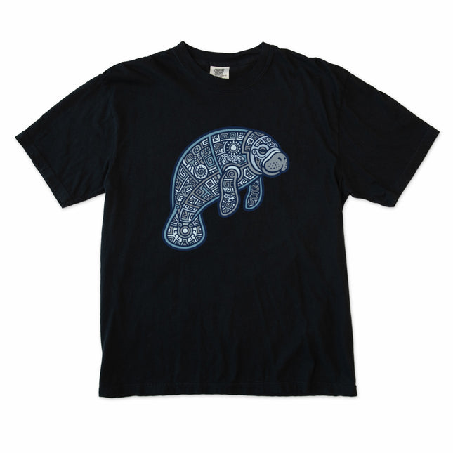 Geometric tribal manatee t-shirt featuring Mayan inspired ocean animal art.