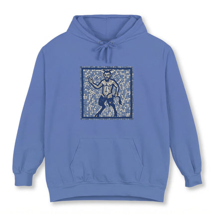 Greek Satyr mosaic art printed on a light blue pullover hoodie.