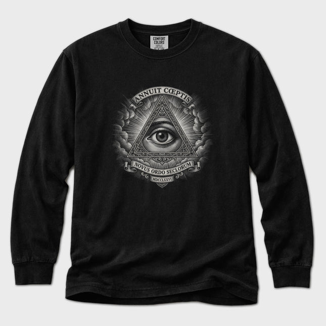 Eye of Providence Great Seal pyramid graphic long sleeve t-shirt design.