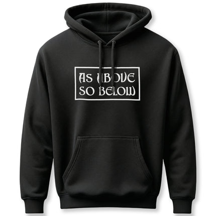 Black "As Above So Below" witchy hoodie for pagan or occult streetwear style.