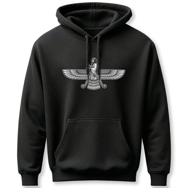 Faravahar Zoroastrian symbol graphic on a black pullover hoodie, representing ancient wisdom.