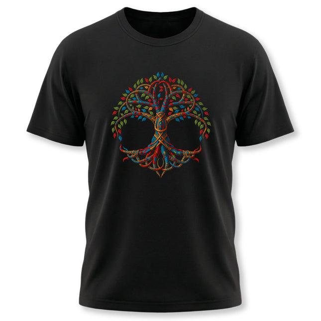 Vibrant Celtic Tree of Life graphic featuring intricate knotwork and Yggdrasil design on a black tee.