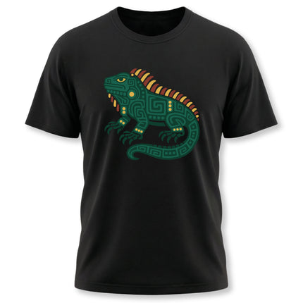 Mayan Iguana T-Shirt | Green Geometric Lizard with Striped Crest Tee