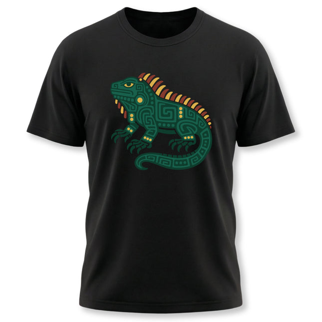 Mayan Iguana T-Shirt | Green Geometric Lizard with Striped Crest Tee