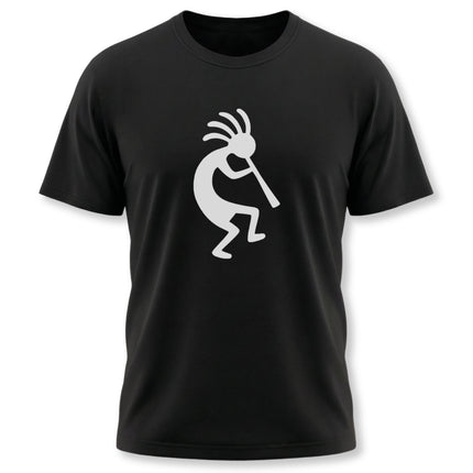 Kokopelli flute player silhouette graphic on a black t-shirt.