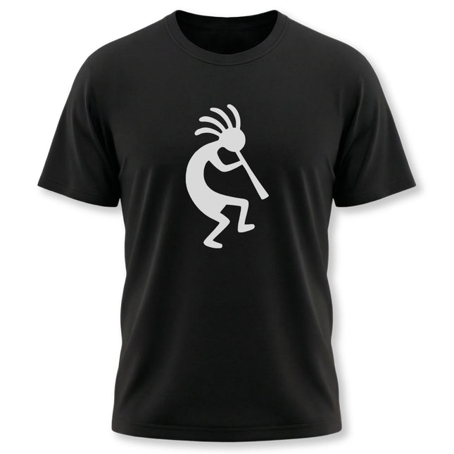 Kokopelli flute player silhouette graphic on a black t-shirt.