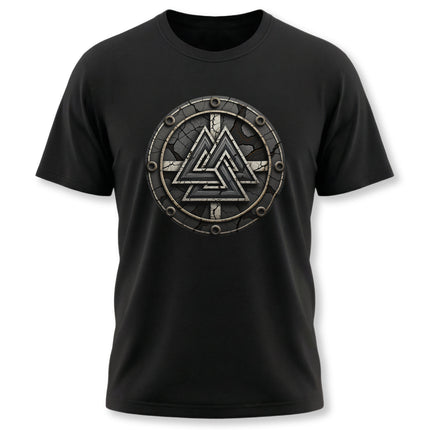 Black t-shirt featuring a circular Norse Valknut symbol graphic design.
