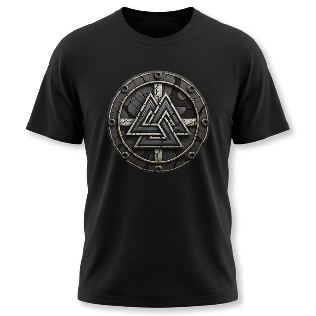 Black t-shirt featuring a circular Norse Valknut symbol graphic design.