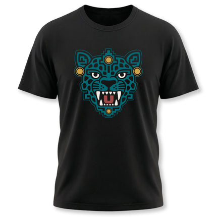 Aztec Jaguar Mask T-Shirt | Teal Feline Face and Gold Details Tee