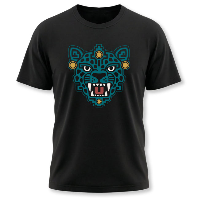 Aztec Jaguar Mask T-Shirt | Teal Feline Face and Gold Details Tee