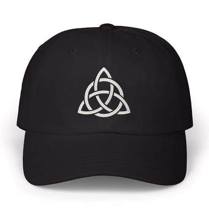 Triquetra knotwork embroidered on a black Celtic baseball cap.