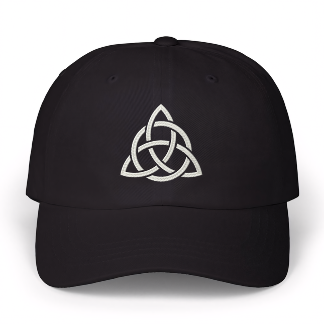Triquetra knotwork embroidered on a black Celtic baseball cap.