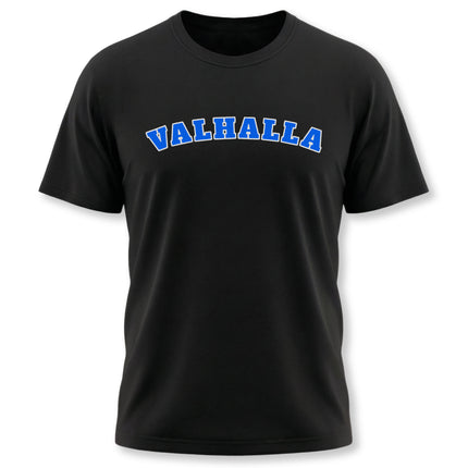 Black unisex t-shirt featuring "VALHALLA" in bold blue collegiate lettering, perfect for Norse mythology fans.
