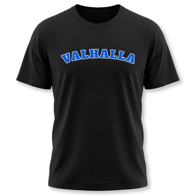 Black unisex t-shirt featuring "VALHALLA" in bold blue collegiate lettering, perfect for Norse mythology fans.