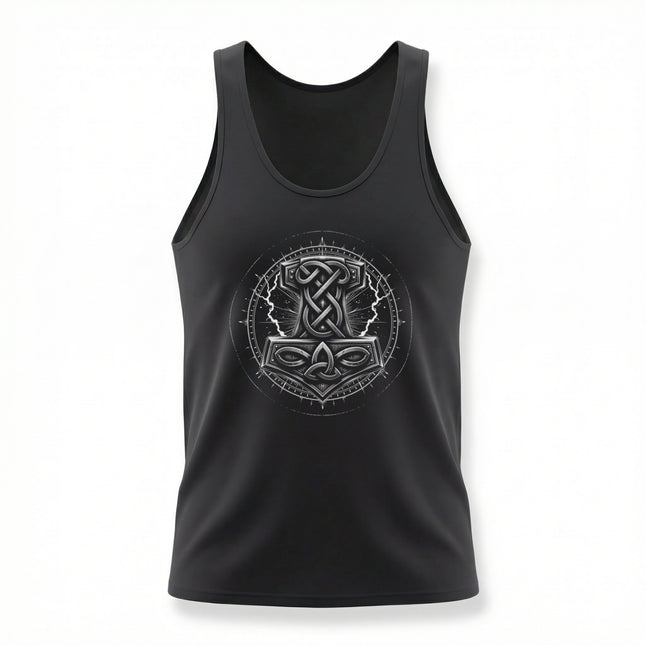 Norse knotwork tank top featuring intricate Viking mythology and Thor's symbols.