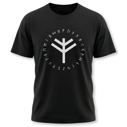 Norse rune t-shirt featuring the Elder Futhark alphabet and a central bind rune design.