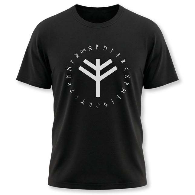 Norse rune t-shirt featuring the Elder Futhark alphabet and a central bind rune design.