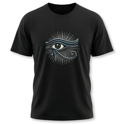 Eye of Horus symbol graphic tee on a black t-shirt, featuring ancient Egyptian protection art.