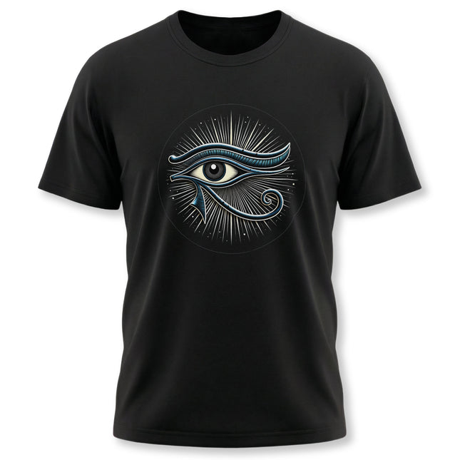 Eye of Horus symbol graphic tee on a black t-shirt, featuring ancient Egyptian protection art.