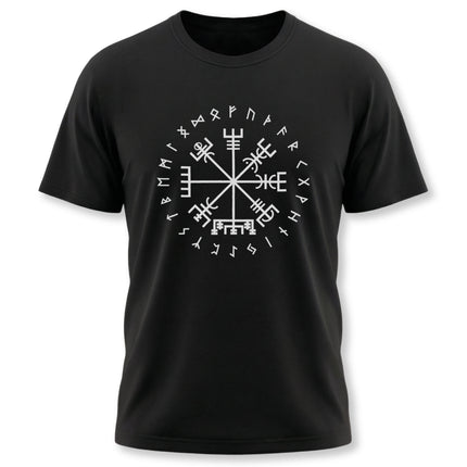 Black t-shirt featuring a white Vegvisir rune compass and Norse runic circle design.