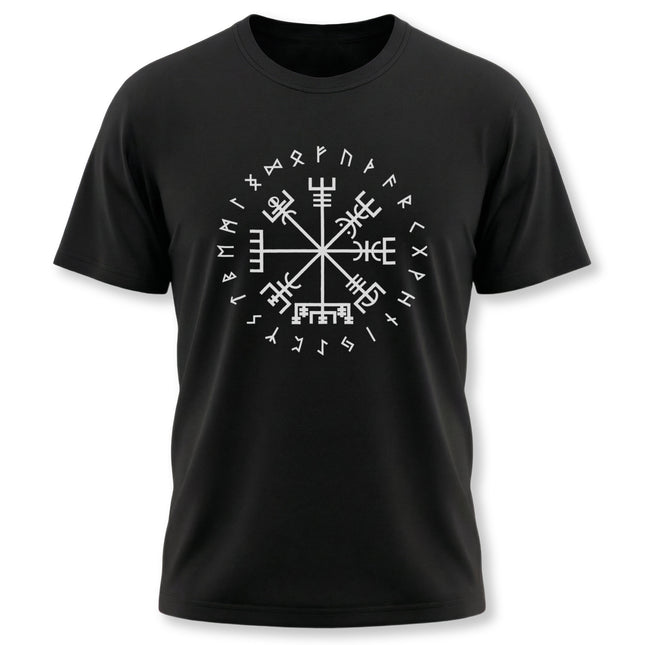 Black t-shirt featuring a white Vegvisir rune compass and Norse runic circle design.