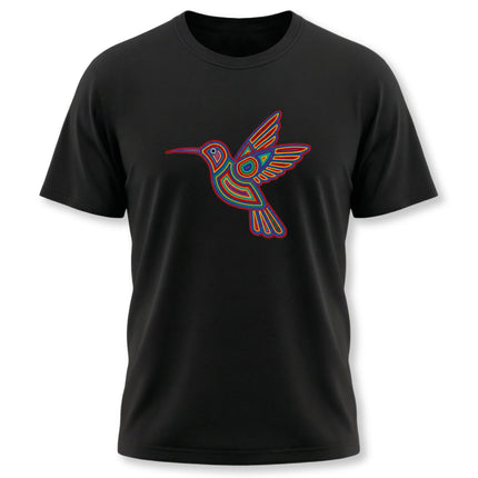 Vibrant Huichol hummingbird graphic tee featuring Mexican folk art colors.