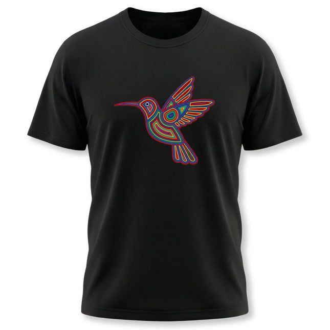 Vibrant Huichol hummingbird graphic tee featuring Mexican folk art colors.