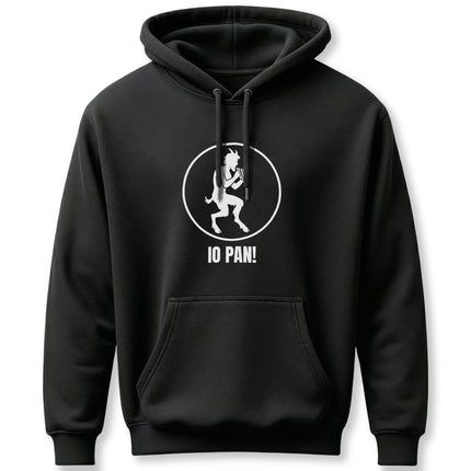 IO PAN! satyr graphic on a black hoodie. Greek mythology pagan design featuring the horned god Pan.