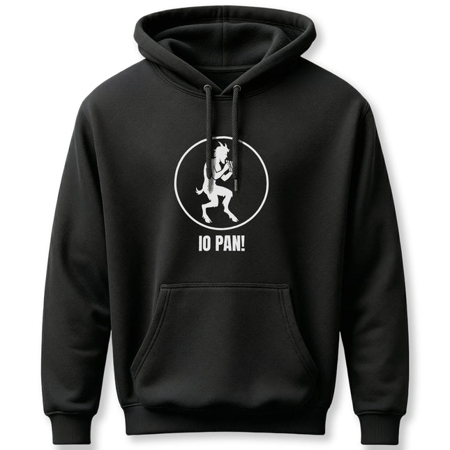 IO PAN! satyr graphic on a black hoodie. Greek mythology pagan design featuring the horned god Pan.