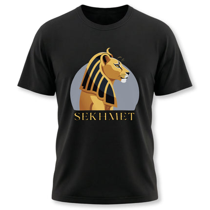 Sekhmet Egyptian lion goddess graphic on a black t-shirt. Ancient Egyptian mythology design.