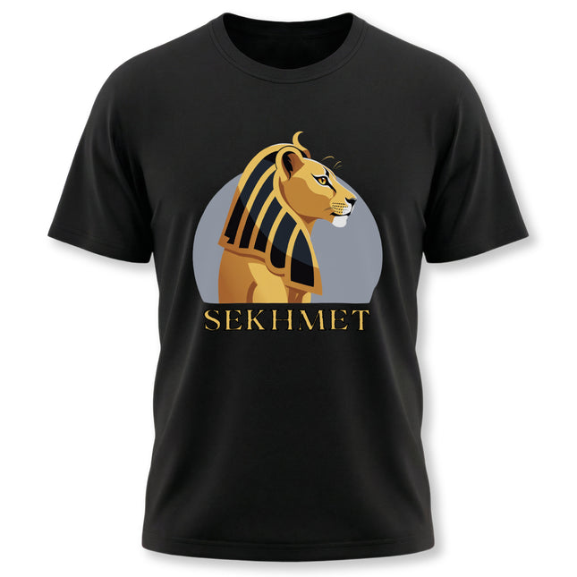 Sekhmet Egyptian lion goddess graphic on a black t-shirt. Ancient Egyptian mythology design.