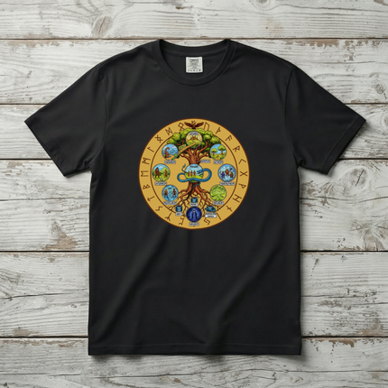 Norse Yggdrasil Nine Worlds Tree T-Shirt | Nine Realms Runes Midgard Serpent